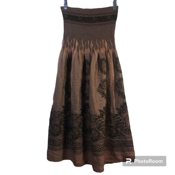Lapis Smocked Sleeveless Brown Embroidered Dress Boho Festival Size OS - Picture 1 of 9